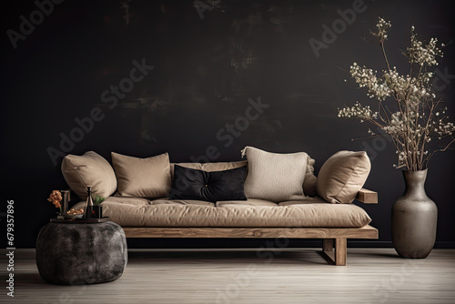 Sofa moderno con cojines en tonos beiges, mesitas decoradas y planta natural,  junto a pared negra vacia.  photo