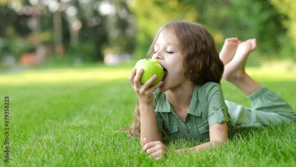 a baby girl eats a green apple on a green lawn in summer and smiles lying on the grass, a cheerful child with an apple, children's holidays, close-up, healthy teeth a baby girl eats a green apple on a green lawn in summer and smiles lying on the grass, a cheerful child with an apple, children's holidays, close-up, healthy teeth