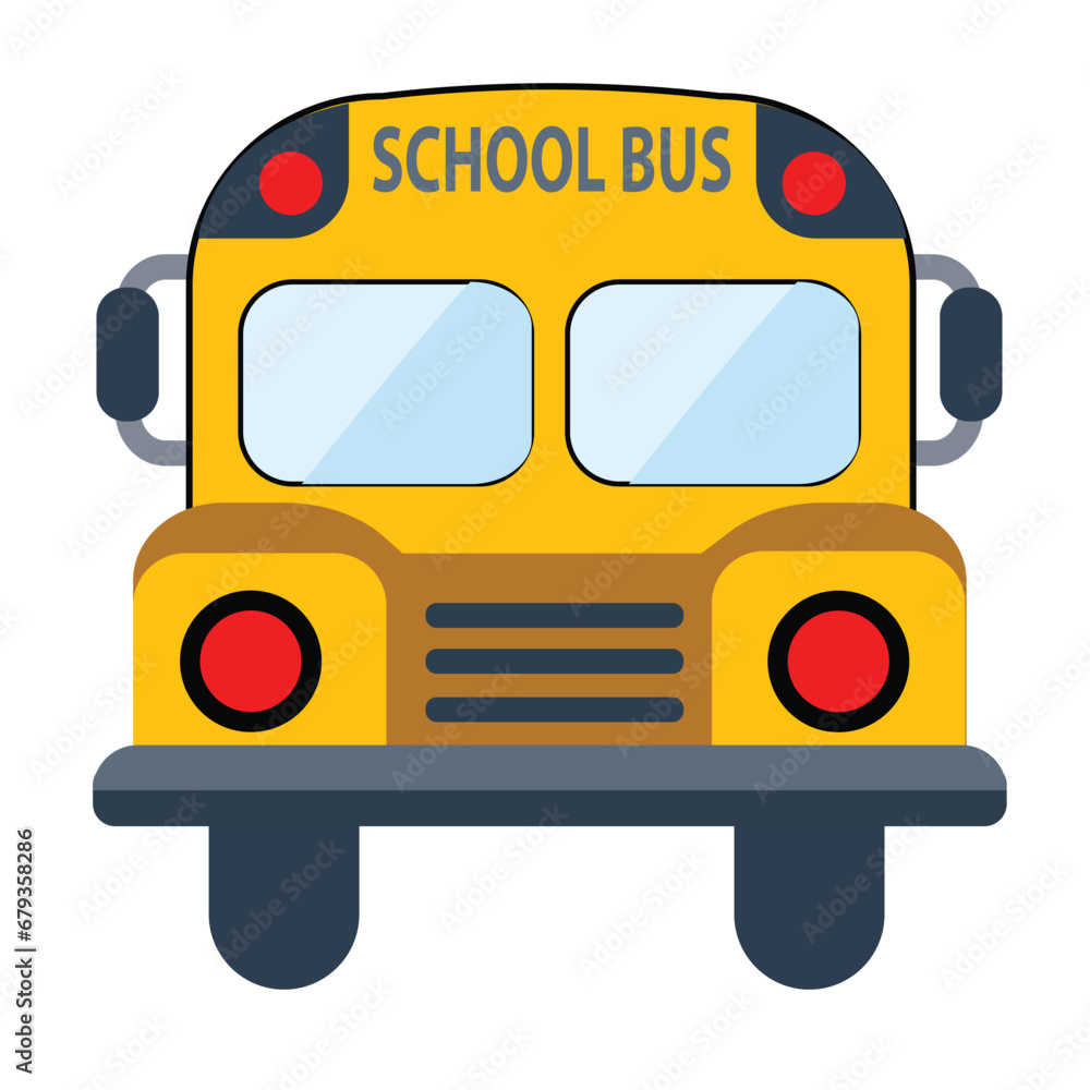 School bus, yellow, frontal view. Vector flat illustration in cartoon style isolated on white background 