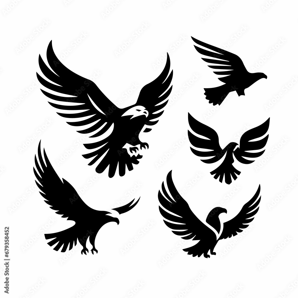 Black Silhouette Eagle Solid Icons Set Black Silhouette Eagle Solid Icons Set