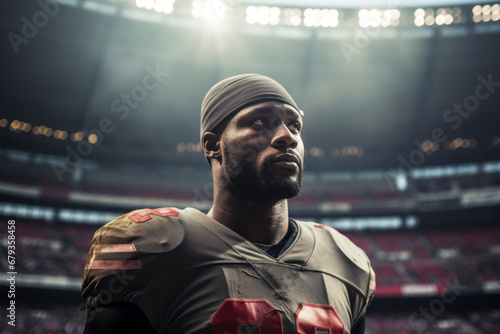 Close-up of professional American football player without helmet against the background of stadium stand. Determined, powerful, skilled African American athlete focused and ready to win the game.