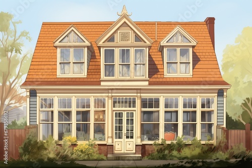 dutch colonial house with big windows, magazine style illustration