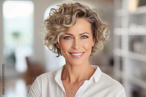 Close-up portrait of beautiful adult Caucasian woman in cozy bright home. Charming blonde with short hairstyle in white blouse looking at camera and smiling mysteriously. Blurred background.