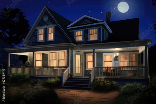 night view of a dutch colonial house with porch lights on, magazine style illustration