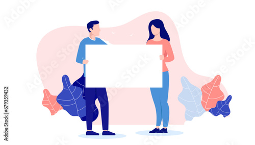 Two people holding blank poster - Man and woman with white empty paper in hands to insert message or text. Flat design front view vector illustration with white background