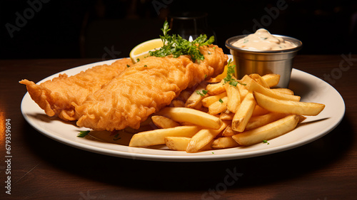 Fish and chips with golden-fried cod and crispy french fries, with a side of tartar sauce and malt vinegar