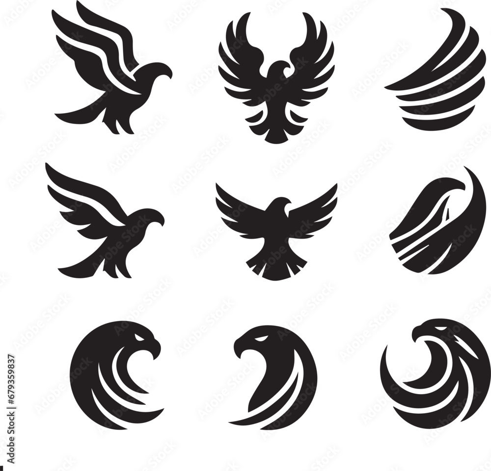 Black Silhouette Eagle Solid Icons Set Vector
