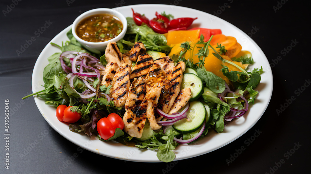 salad with a variety of greens, vegetables, and grilled chicken