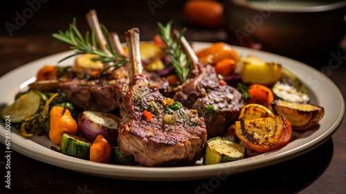 Roasted lamb chops with rosemary and thyme, with a side of roasted vegetables