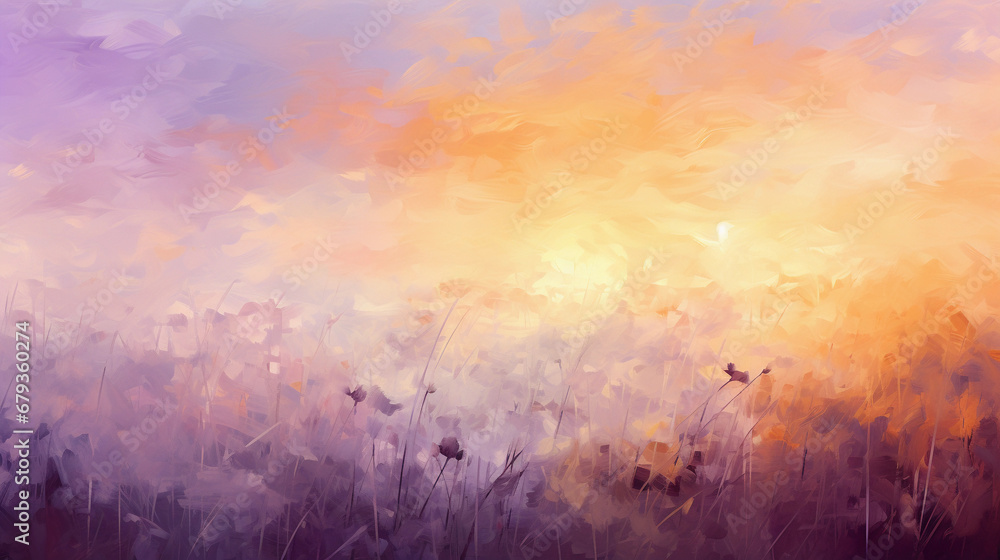 Abstract sunrise over a meadow, impressionist brush strokes, soft purples and yellows, idyllic