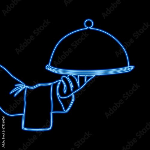 Waiter hand holding serving plate for restaurant best service icon neon glow concept