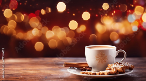 Cookies and cup with hot chocolate on empty wooden table on a Christmas bokeh background.