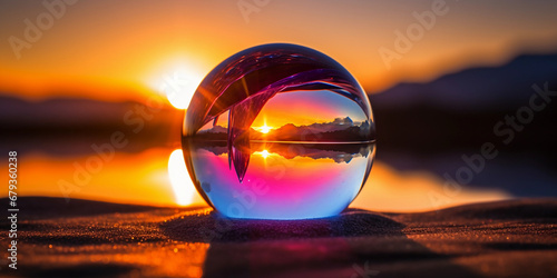 Abstract sunrise encapsulated in a crystal sphere, refracted rays, high contrast, colorful © Gia