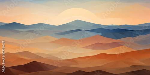 Abstract sunrise over a desert, cubist influences, earthy tones mixed with soft pastels