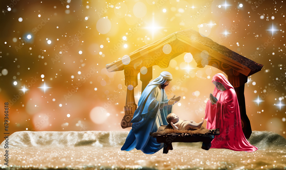 Φωτογραφία the Christmas story of the baby Jesus in the Christmas manger and the holy famil