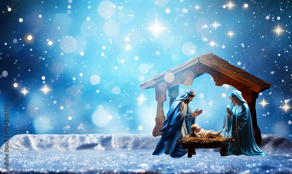Φωτογραφία the Christmas story of the baby Jesus in the Christmas manger and the holy famil