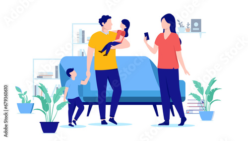 Fototapeta Naklejka Na Ścianę i Meble -  Family at home - Parents with two children standing in living room together taking photo with mobile phone. Flat design vector illustration with white background