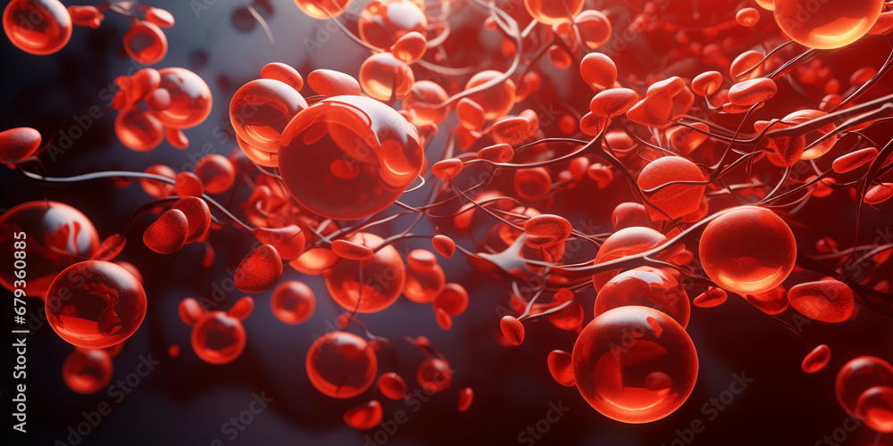 Microscopic view of red and white blood cells flowing in a vessel ...