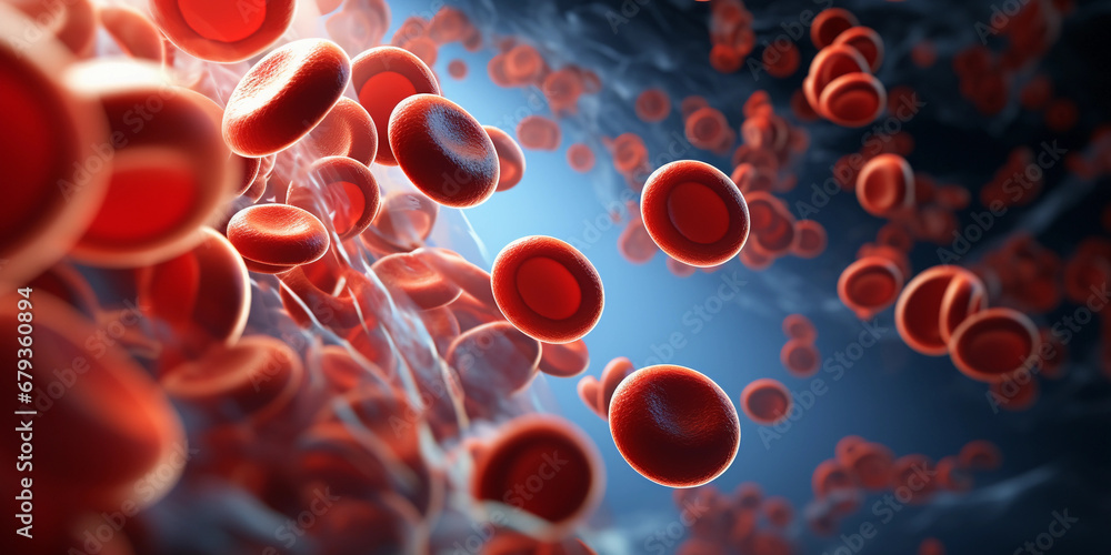 Microscopic view of red and white blood cells flowing in a vessel ...