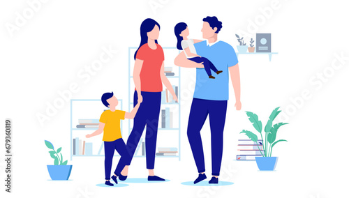 Parents with children - Casual family of mother, father, son and daughter standing together with kids indoors at home. Flat design vector illustration with white background