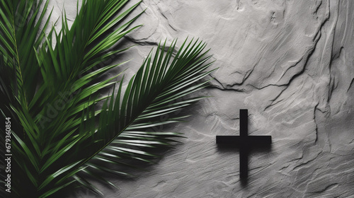 Beautiful Vintage crucifix cross with palm leaves on dark stone background .