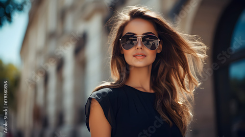 Woman with Long Hair in Sunglasses Wearing Black Top  © Gary