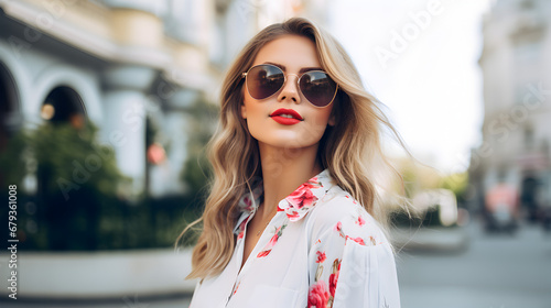 Portrait of a Woman with Long Hair in the City Wearing Flowery Clothing © Gary