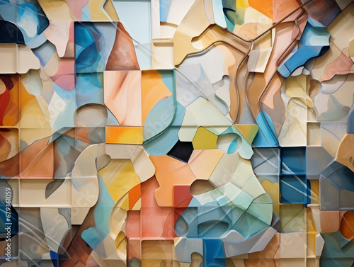 Sistine Chapel Ceiling, abstracted, cubist interpretation, Michelangelo's figures fragmented, pastel color palette