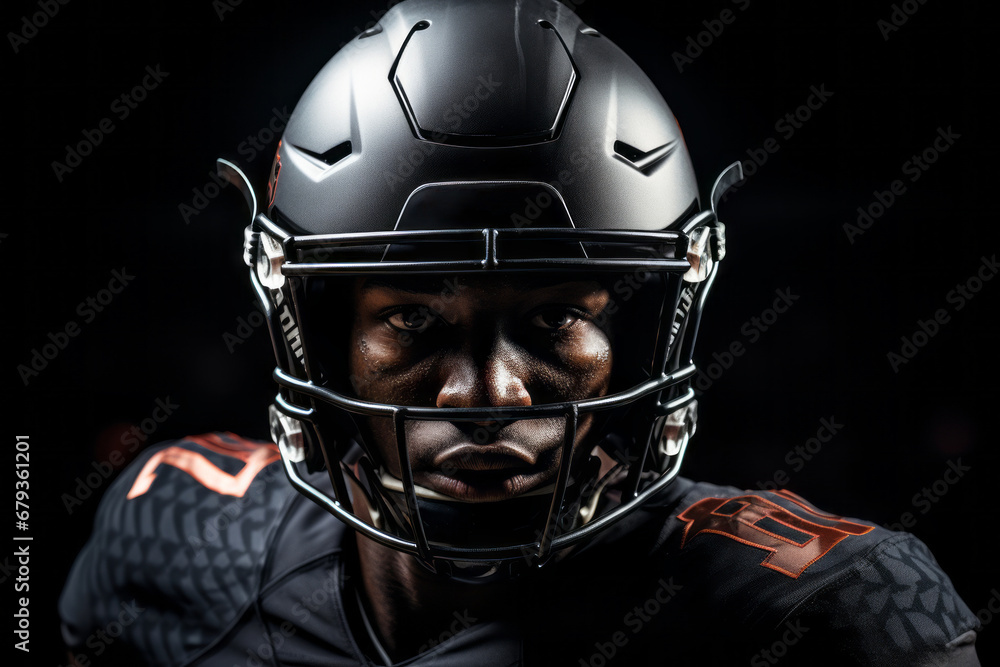 Close-up studio shot of professional American football player in black jersey. Determined, powerful, skilled African American athlete wearing helmet with protective mask. Isolated in black background.