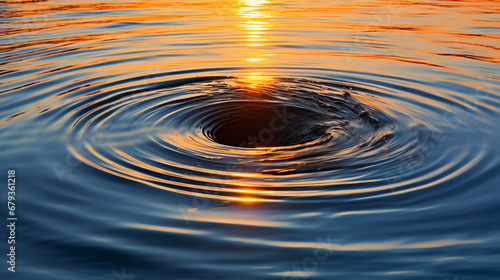 Sunrise abstracted into concentric circles, echoing ripples of water, shades of orange and blue, tranquil