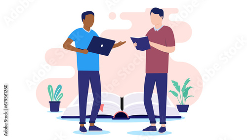 Two students doing school work - Young men with book and laptop working together on education in front of big open book. Flat design vector illustration with white background