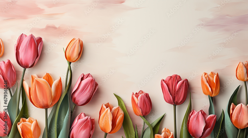 festive layout with tulips on a color background. flat lay. copy space. top view.