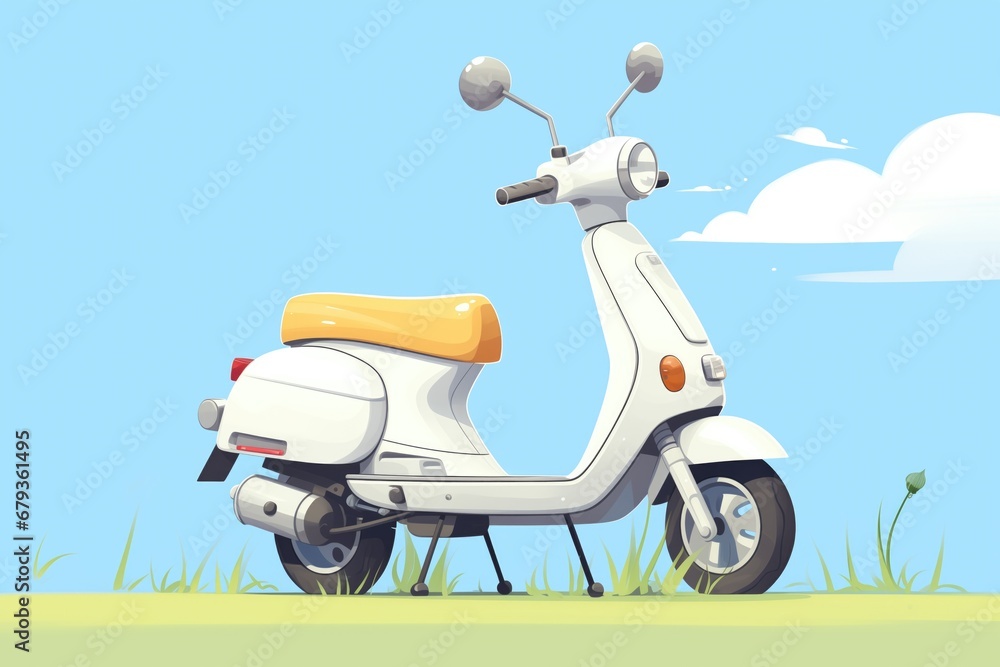 a white electric scooter standing upright on grass field