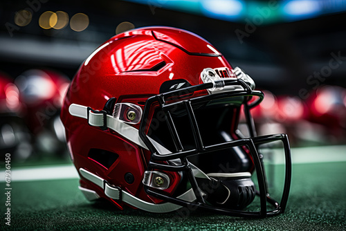 Close-up shot of American football helmet lying on green field of football stadium. Protective helmet with wire mask is an important element of a football player's equipment. Blurred background.