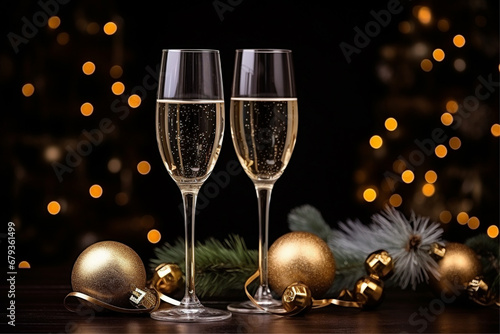 champagne glasses with christmas decorations