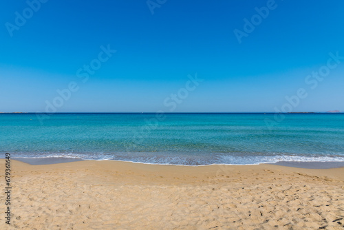 View of the sea in the Island with sandy beach, cloudless and clear water. Tropical colours, peace and tranquillity. Turquoise sea. Falasarna beach, Crete island, Greece. © Patrick