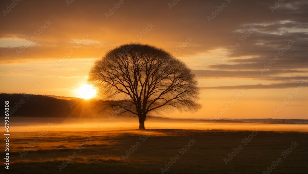 Spektakulärer Sonnenuntergang über goldener Landschaft, leuchtende Farben, lange Schatten, friedliche Schönheit - magische Szene am Abendshimmel