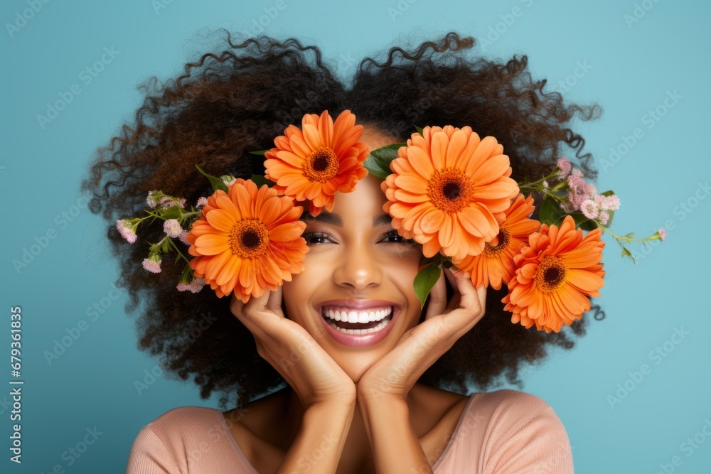 Playful positive young African American woman covering her face with orange gerberas. Happy girl with afro hairstyle enjoying spring, fresh flowers, having fun. Isolated on blue background.