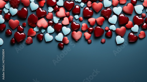 Valentine s Day background. White and red hearts on blue background. Valentines day concept.