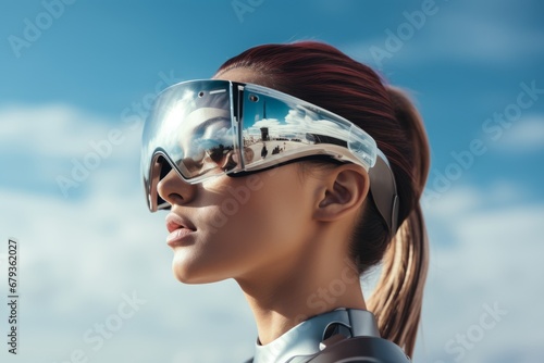 Portrait of teenage Caucasian girl in silver jacket using VR glasses outdoors against the blue sky. Gamer enjoying 3D video game playing. Young blogger testing augmented reality goggles. Copy space.