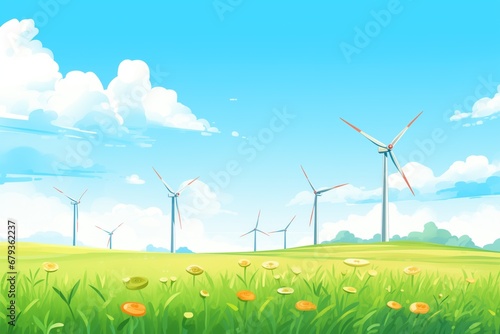wind turbines in a green field against a clear blue sky