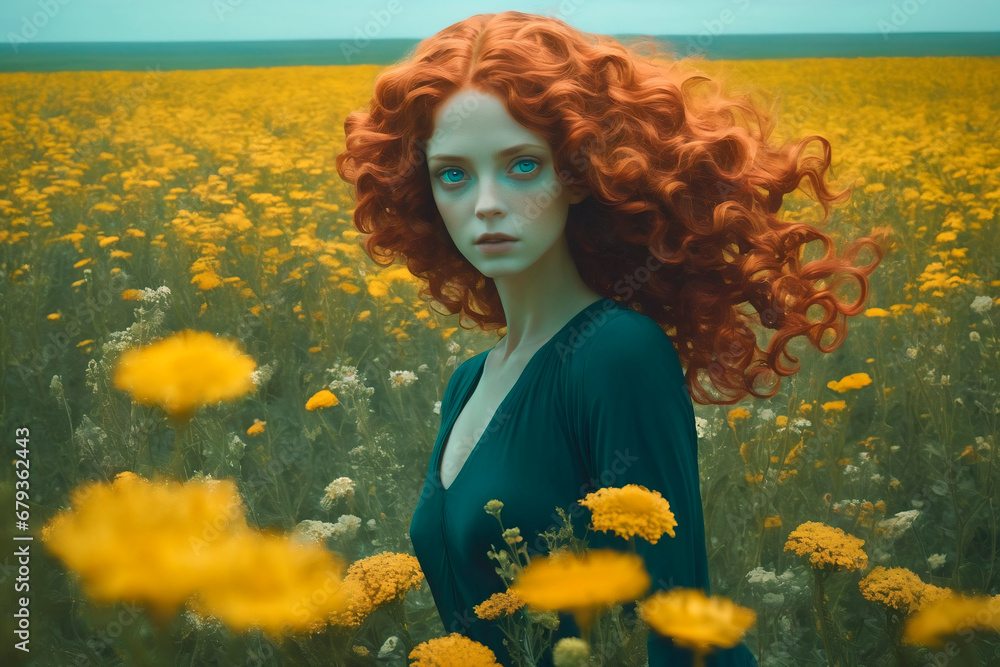 Naklejka premium Beautiful young woman among flowers.