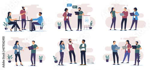 People working in office collection - Set of vector illustrations with businesspeople at work using computers, talking and doing teamwork together. Flat design with white background photo