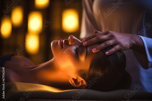 Young woman enjoying massage facial in spa salon