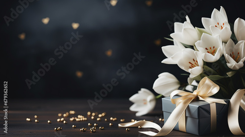 Happy birthday banner with bouquet of tulips and gift box on black background. 3d realistic style. © alexkich