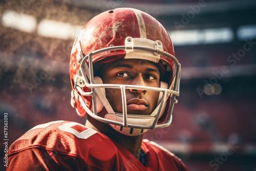 Close-up of professional American football player wearing helmet against the background of stadium stand. Determined, powerful, skilled African American athlete focused and ready to win the game.