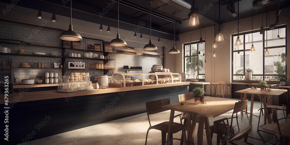 Cozy interior of modern cafeteria. Comfortable dining place Cozy interior of modern cafeteria. Comfortable dining place