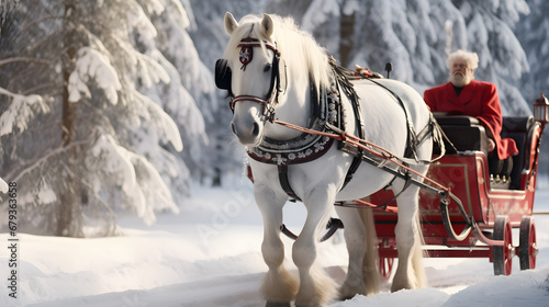 A horse-drawn sleigh, with a snowy forest as the background, during a charming Christmas afternoon
