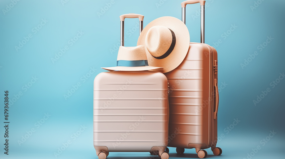 Obraz premium blue colorful travel bag with handle and straw hat isolated on blue