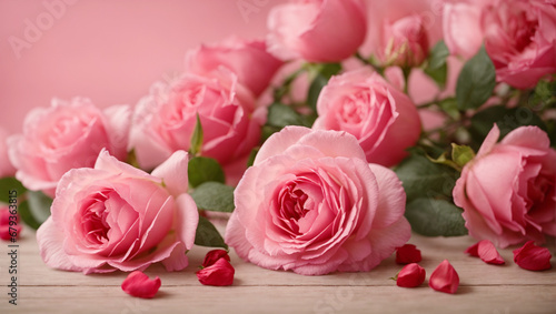 Beautiful Roses Stand Out on a Wooden Table with a Pink Background. Natural beauty. Valentine's Day background. AI Generated